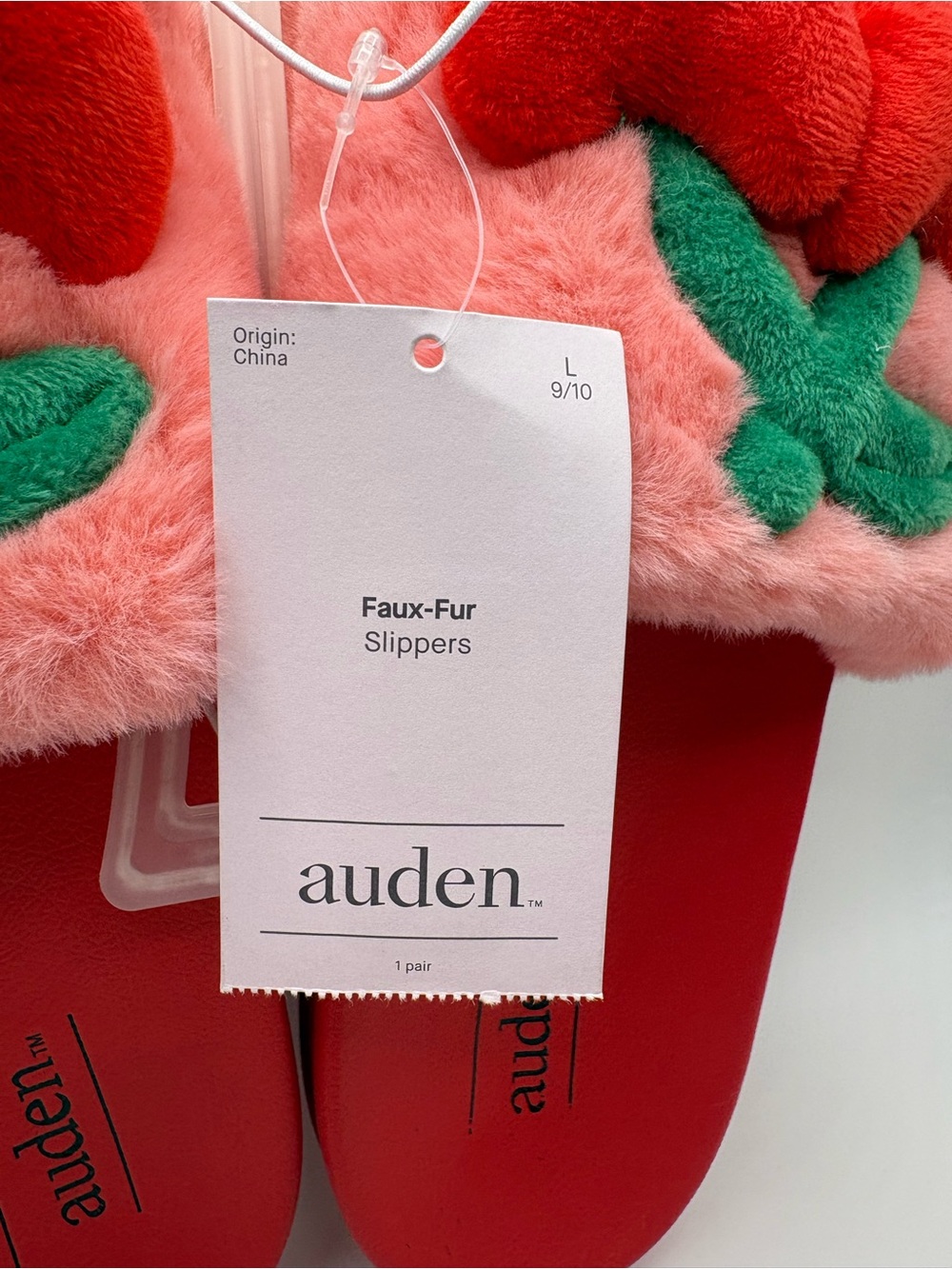 Auden Pink Red Cherry Fuzzy Slides Sandals Slippers NWT Large 9/10 - Picture 3 of 6